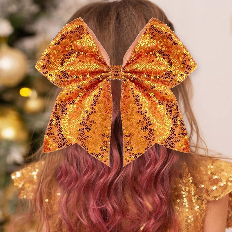 Zolyco Large Glitter Cheer Bows Clips, Jumbo Big 7 Inch Cheerleading Sequin Hair Bow Hair Accessories for Teens Girls Football Sports Cheerleader Outfit Uniform (Bright Orange) - Image 2